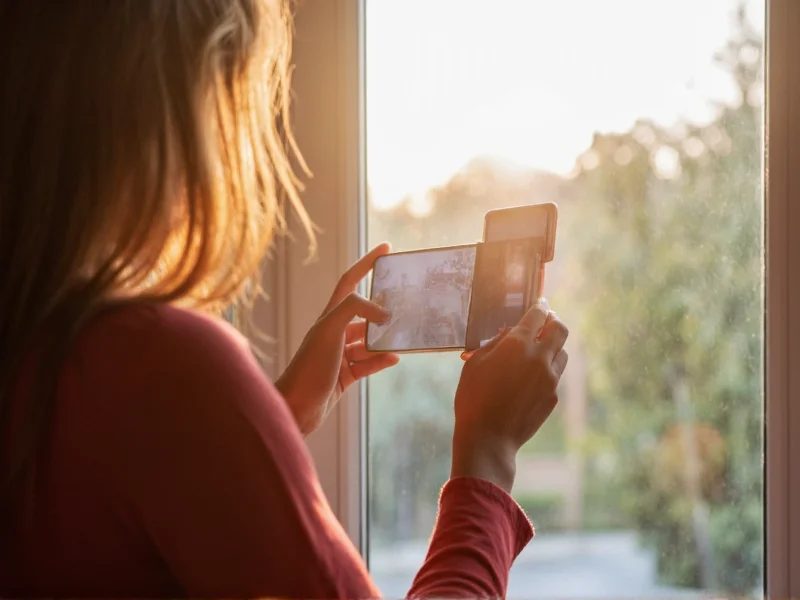 Smartphone filming setup with natural window light