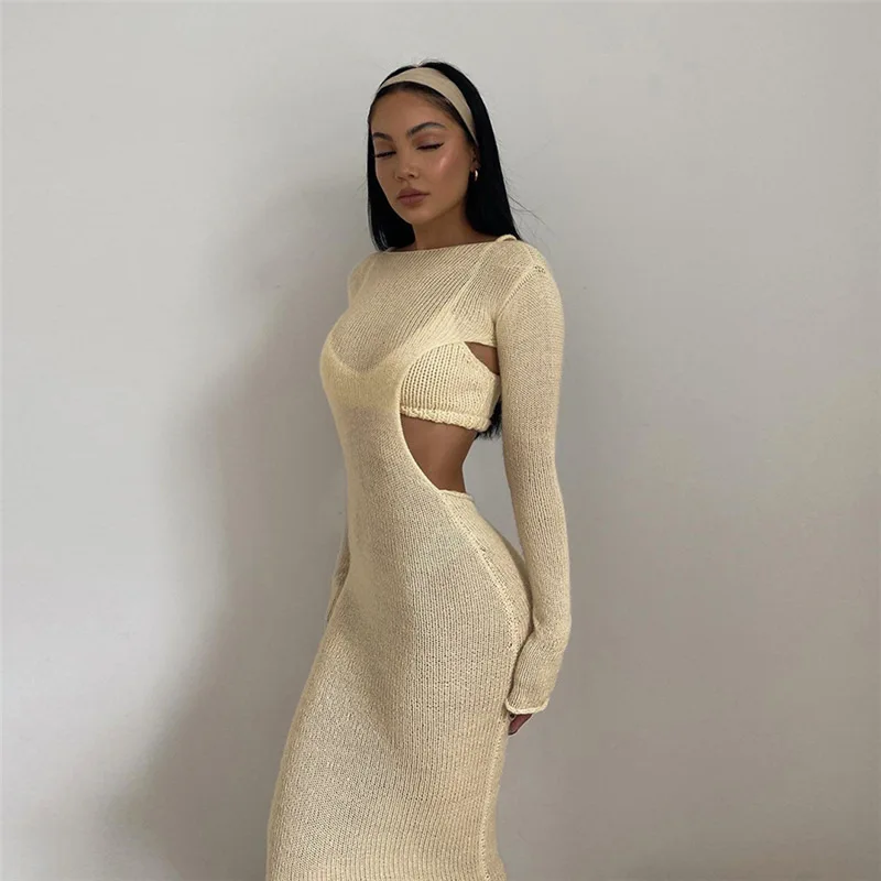 

Fall Knitted Sweater 2 Piece Set Women Sexy Backless Long Sleeve Maxi Bodycon Dress And Spaghetti Strap Cropped Top Outfits Set, Khaki,blcak,apricot