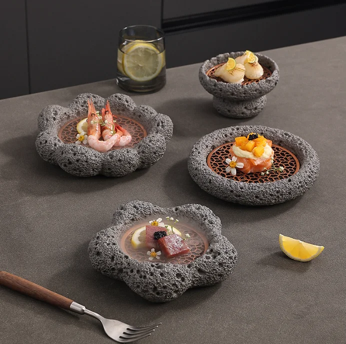 

New design Grey Japanese cement rock sushi plate similar to meteorite planet dinner plate wholesale