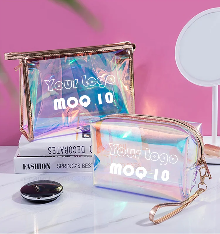 

Low MOQ PVC promotional customized logo clear holographic makeup bag, 1 colors