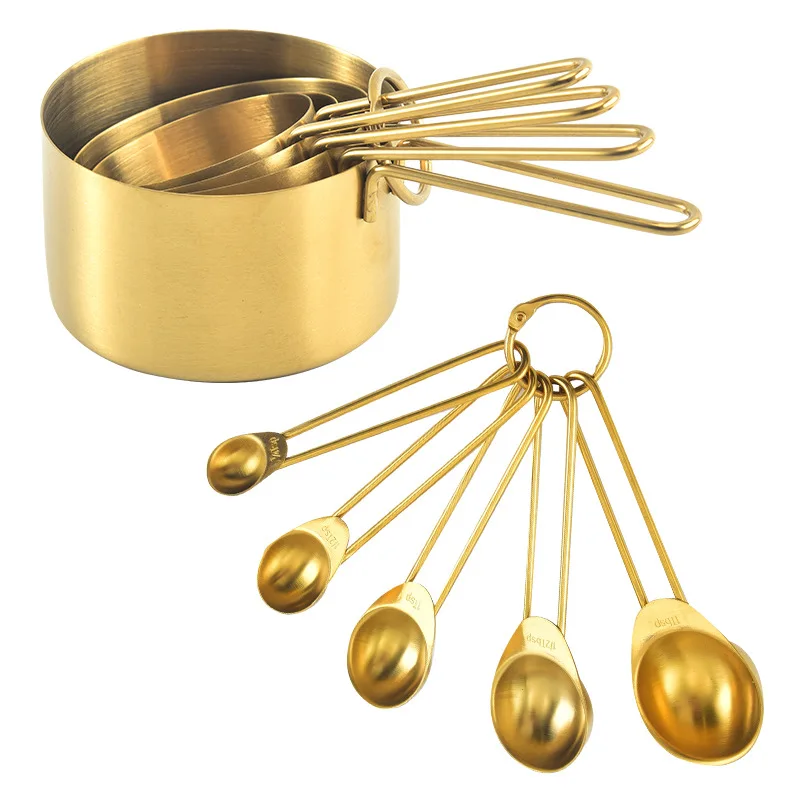 

Gold Stainless Steel Measuring Cups and Spoons Set 8 Pieces Engraved Measurements Measuring Cup & Spoon