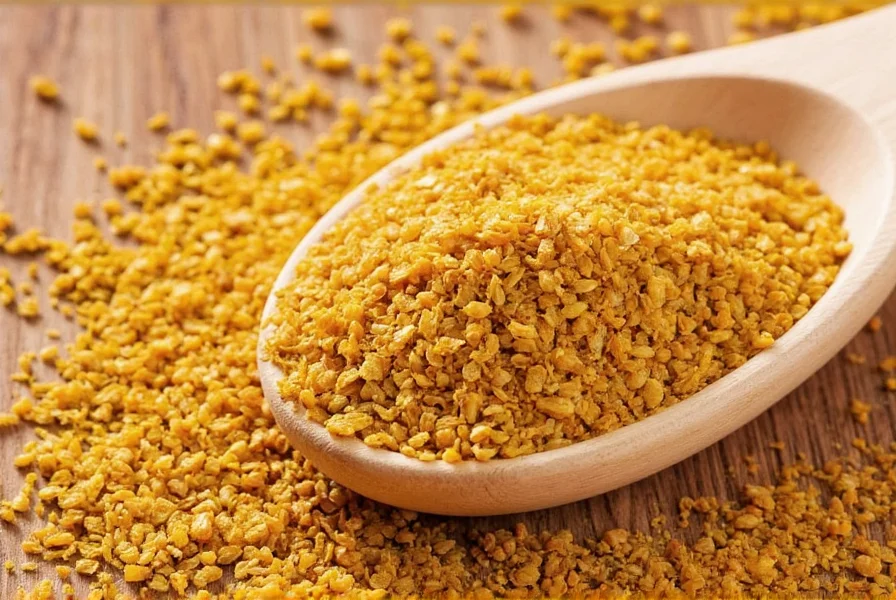 Close-up photograph of fenugreek seeds showing their amber color and rhomboid shape on wooden cutting board