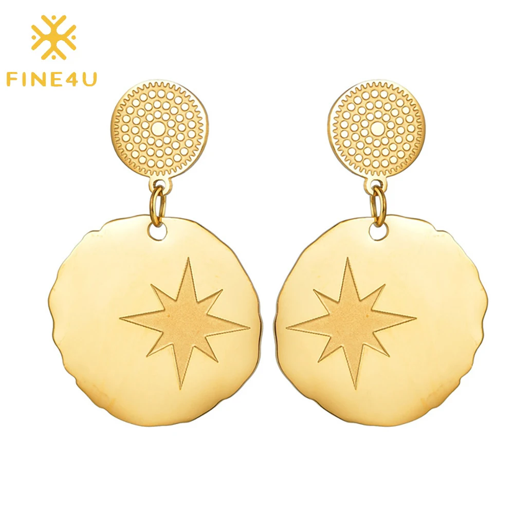 

Alibaba china online-shopping women round engraved star dangle hoop gold plated stainless steel stud earrings