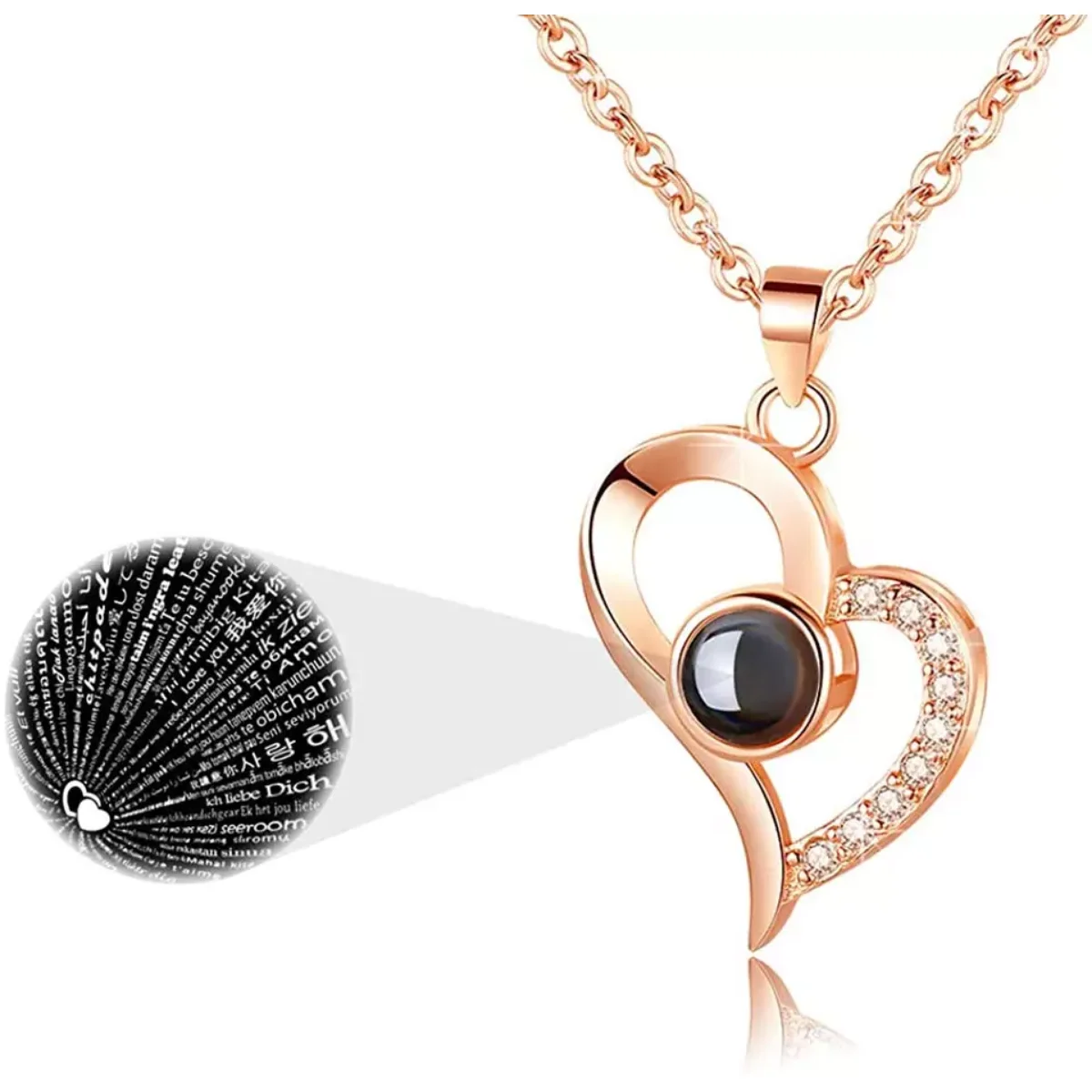 2023 Rose Gold Plated I Love You 100 Languages Projection Crystal Heart Romantic Jewelry Chain Pendant Necklace for Women Gift