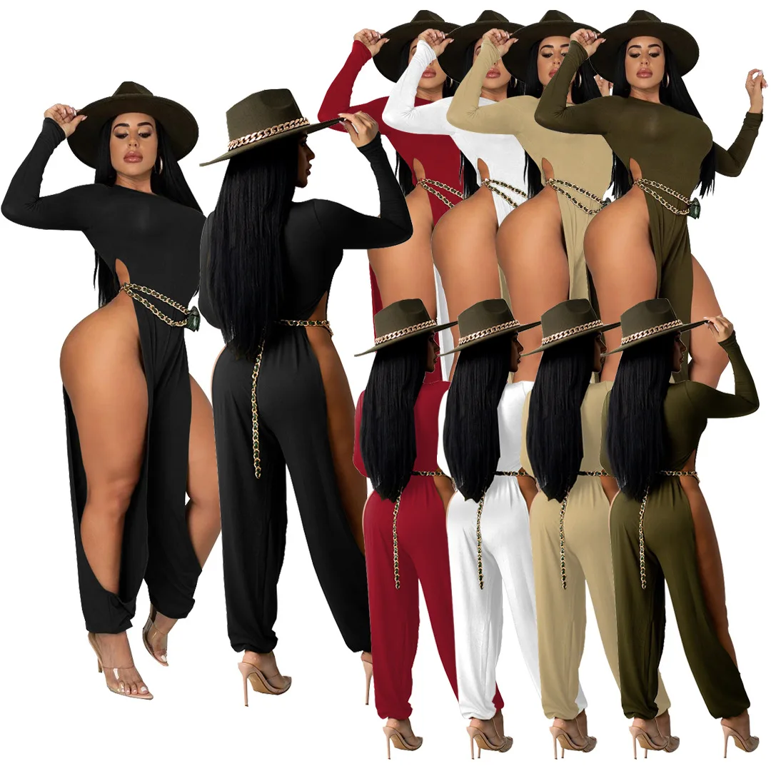 

W8248 New collections solid long sleeve fall ladies sexy one piece jumpsuit loose onesie women solid hollow out rompers womens