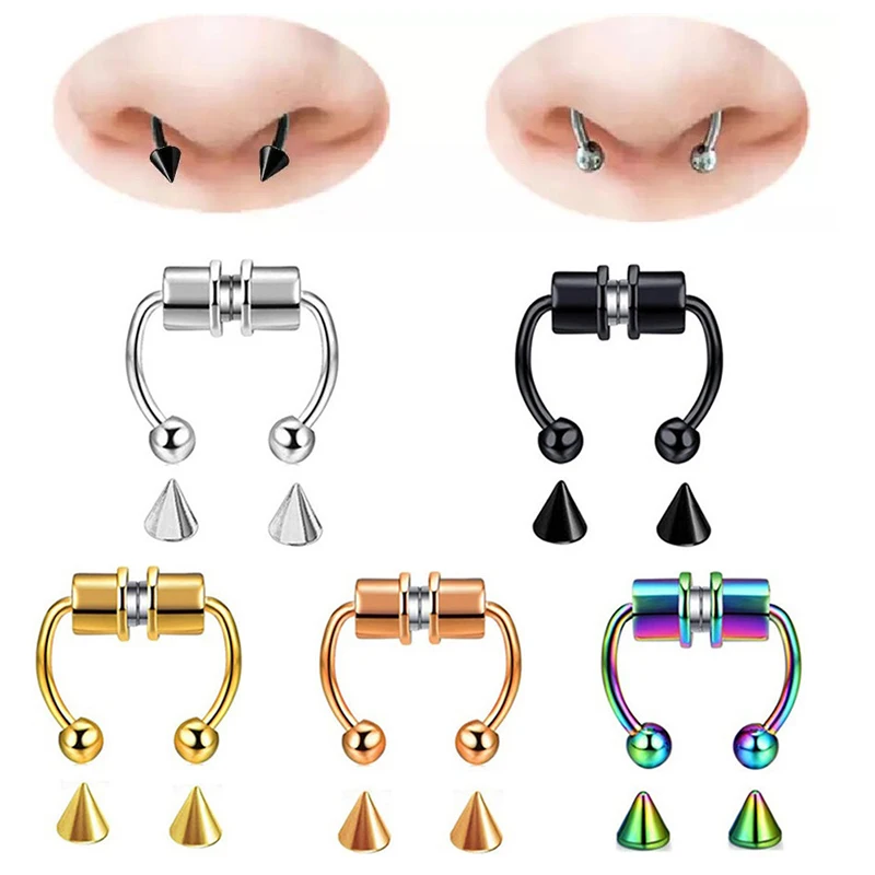 

Stainless Steel Magnetic Clip On Hoop Gold Face Faux Septum Fakes Nose Cuff Rings Stud Non Piercing Jewelry Bulk Vendor Earrings, As the picture