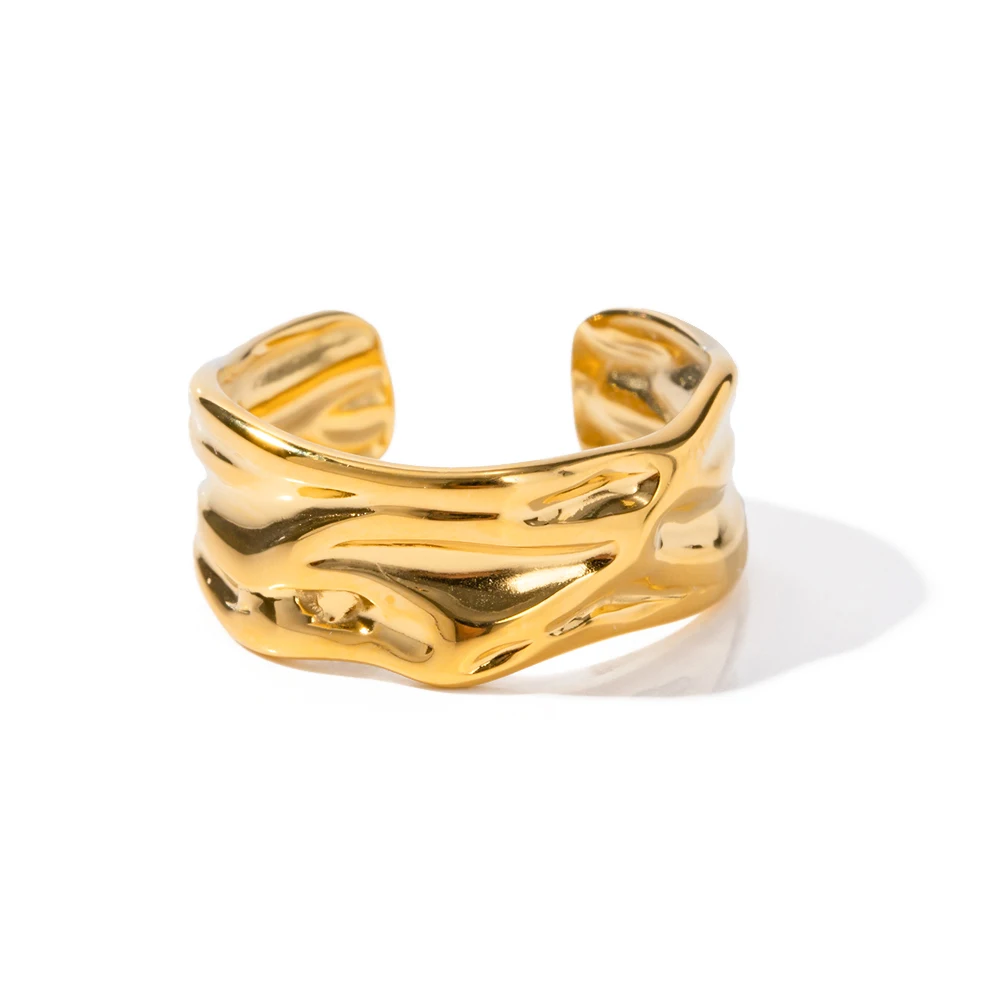 

Luxury Jewelry Gold Color Waterproof Stainless Steel Exaggerate Wide Face Lava Wrinkled Opening Ring for Women