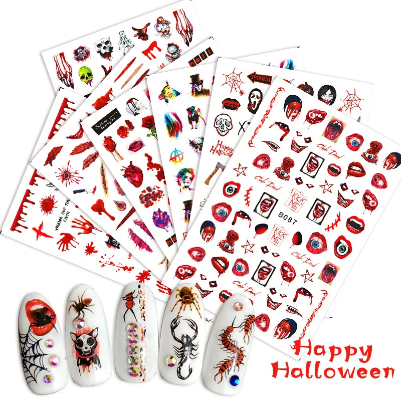 

B085-096 Newest Design Halloween Nail Sticker Self Adhesive Nail Art Tattoo Big Lips/palms Decals for DIY Decor Wraps