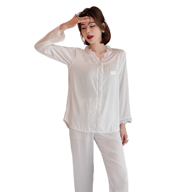 

2021 Custom Satin Sleep Wear Women Silk Pajamas with long sleeves and long pants homewear Silk Pyjamas Set, Pls see the color column