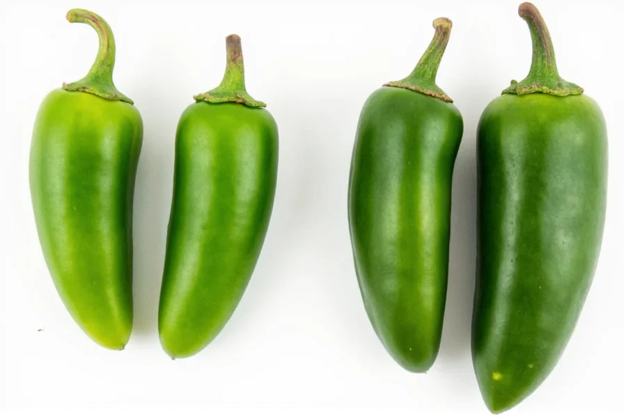 Comparison of fresh jalapeño peppers and common substitutes arranged side by side showing size and color differences