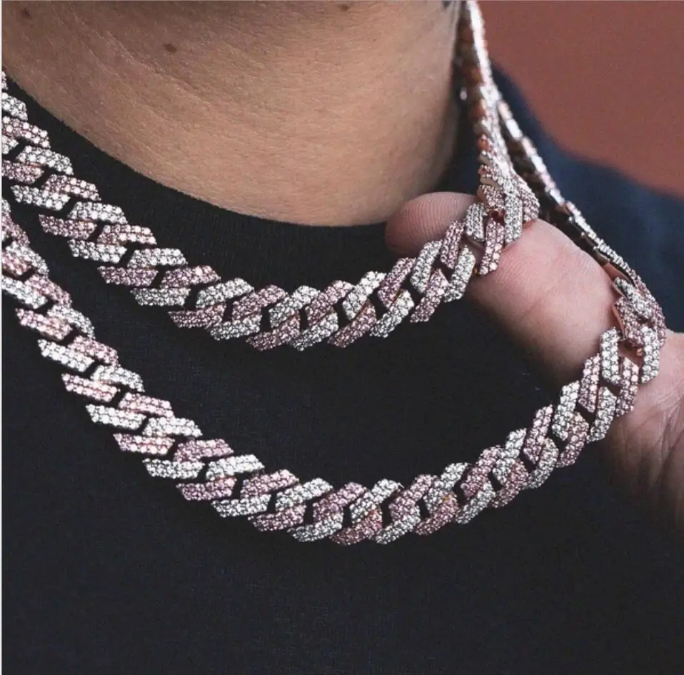 

14MM Silver Gold Plated Iced Out Box Clasp Cuban CZ Cuban Link Chain Necklace Diamond Cuban Chain, Rose gold/silver mixed gold