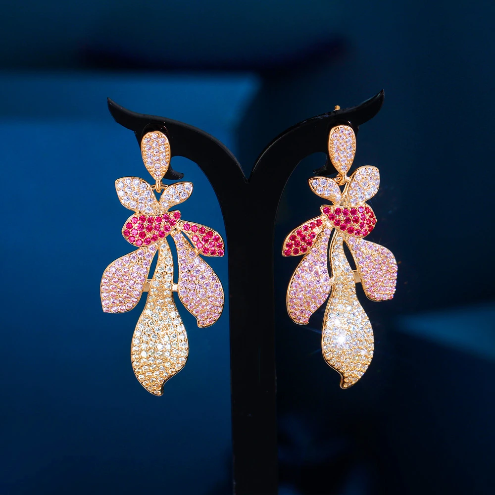 Symmetrical Design Mixcolor Cubic Zircon Long Leaf Petal Dangle Drop Earrings for Women Party Beauty Pageant Jewelry