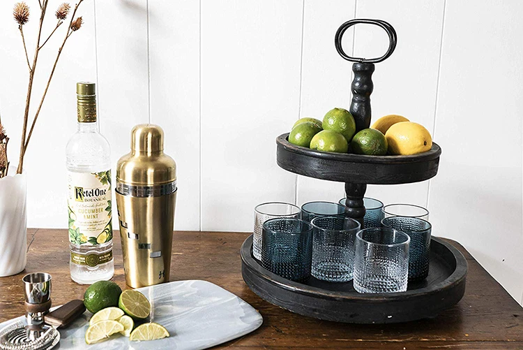 Vintage Black Wood Metal Handle 2 Tiers Wooden Tray