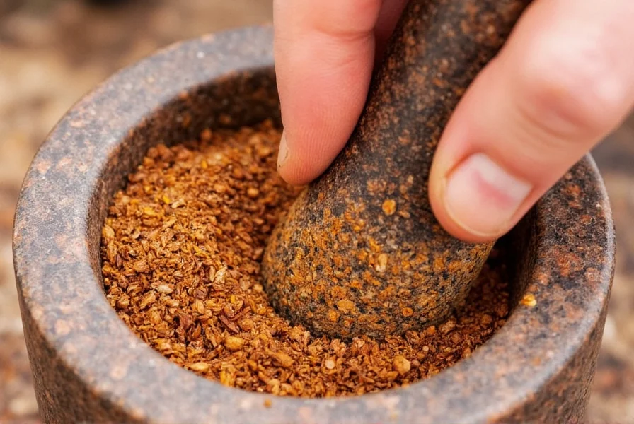 Hand grinding various spices in mortar and pestle for homemade cumin substitute blend