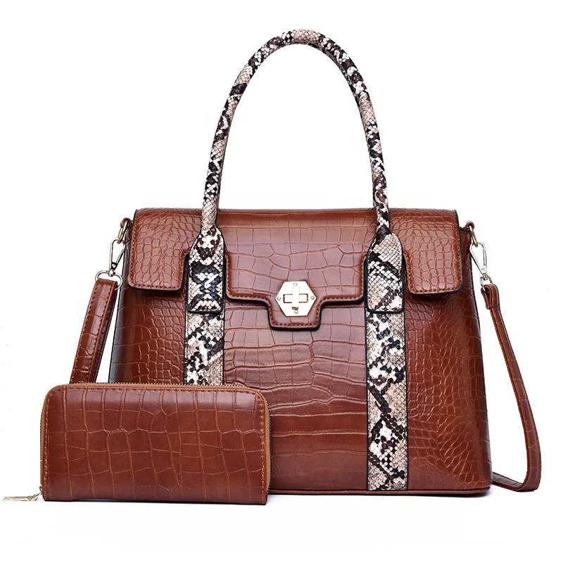 

Hot sale fashion designer leather women ladies snakeskin handbag with wallet, 3 colors