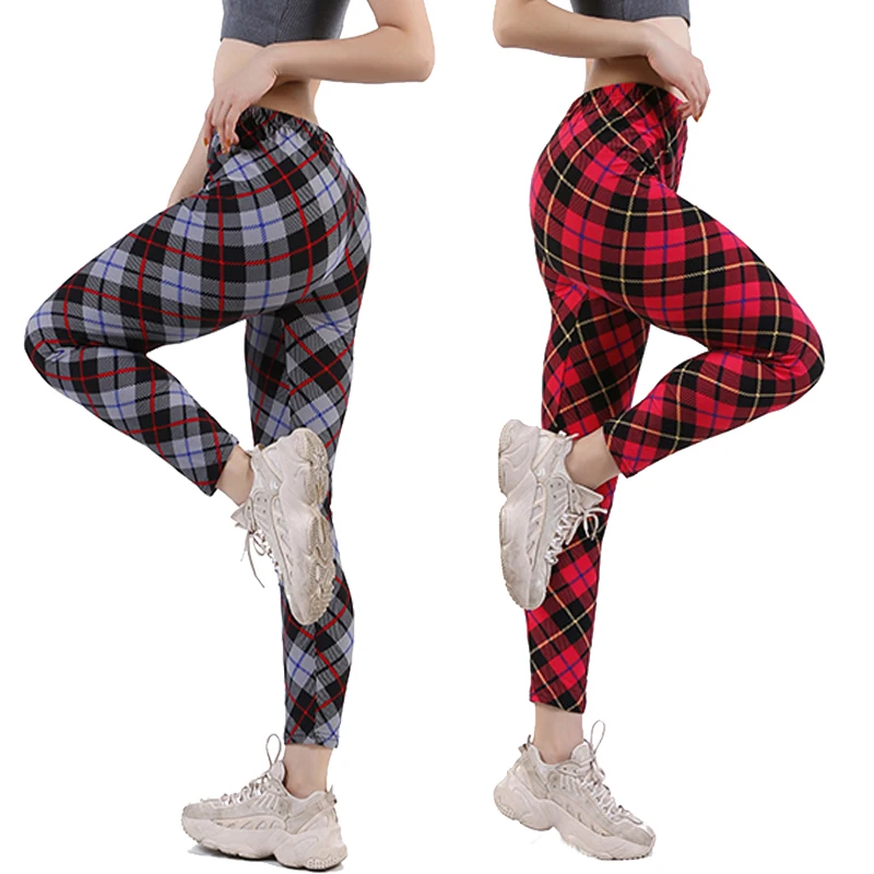 

Women High Elastic Ultra Soft Color Striped Plaid Print Leggings Women Yoga Pants, Red, grey, red gray