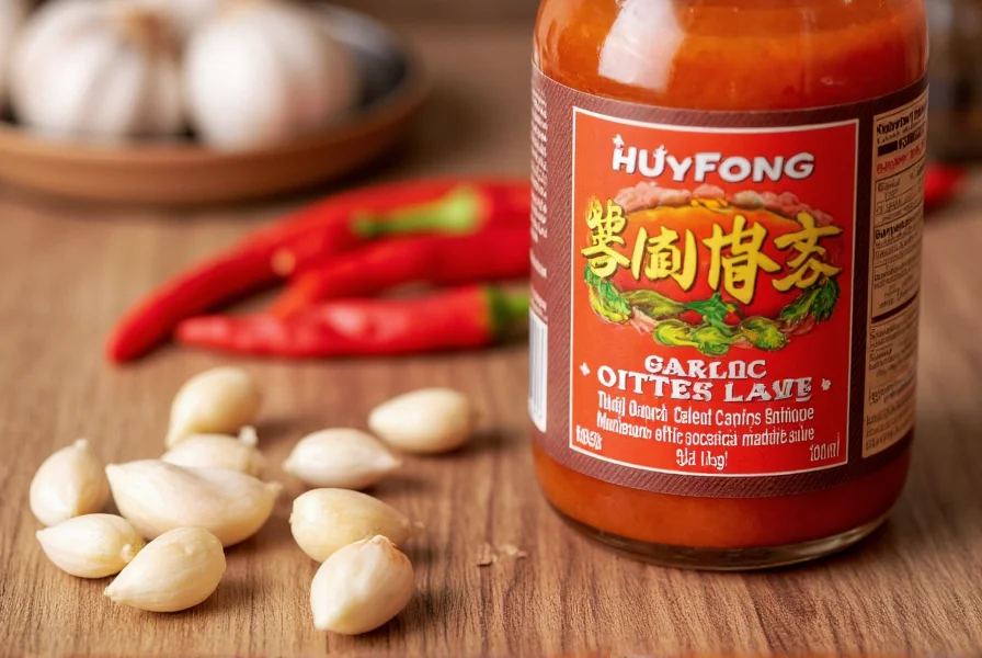 Close-up of Huy Fong garlic chili sauce bottle next to fresh garlic cloves and red chilies
