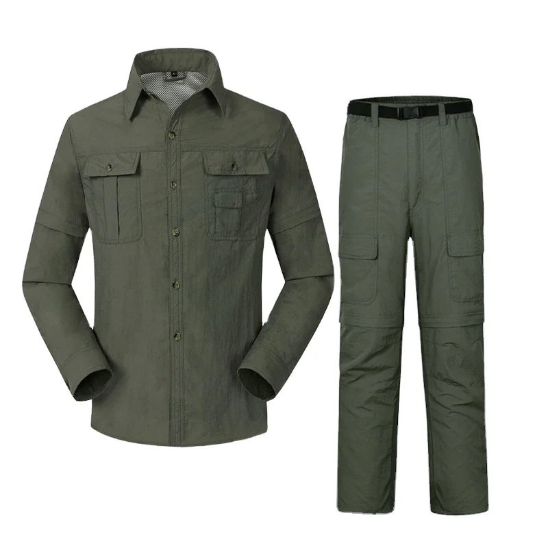

Men Military Tactical Uniforms Summer Quick Dry Long sleeve Shirts Cargo Pants Detachable Fishing Suits, Black green khaki