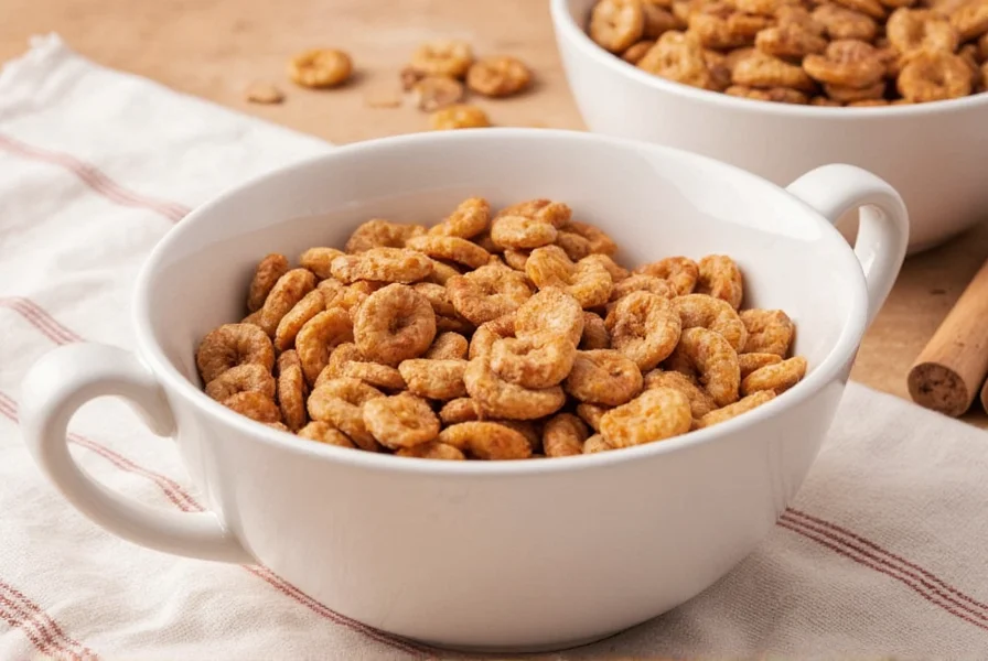 Close-up photograph of Cinnamon Chex cereal in a white bowl with milk showing the distinctive rice-shaped pieces and light brown color