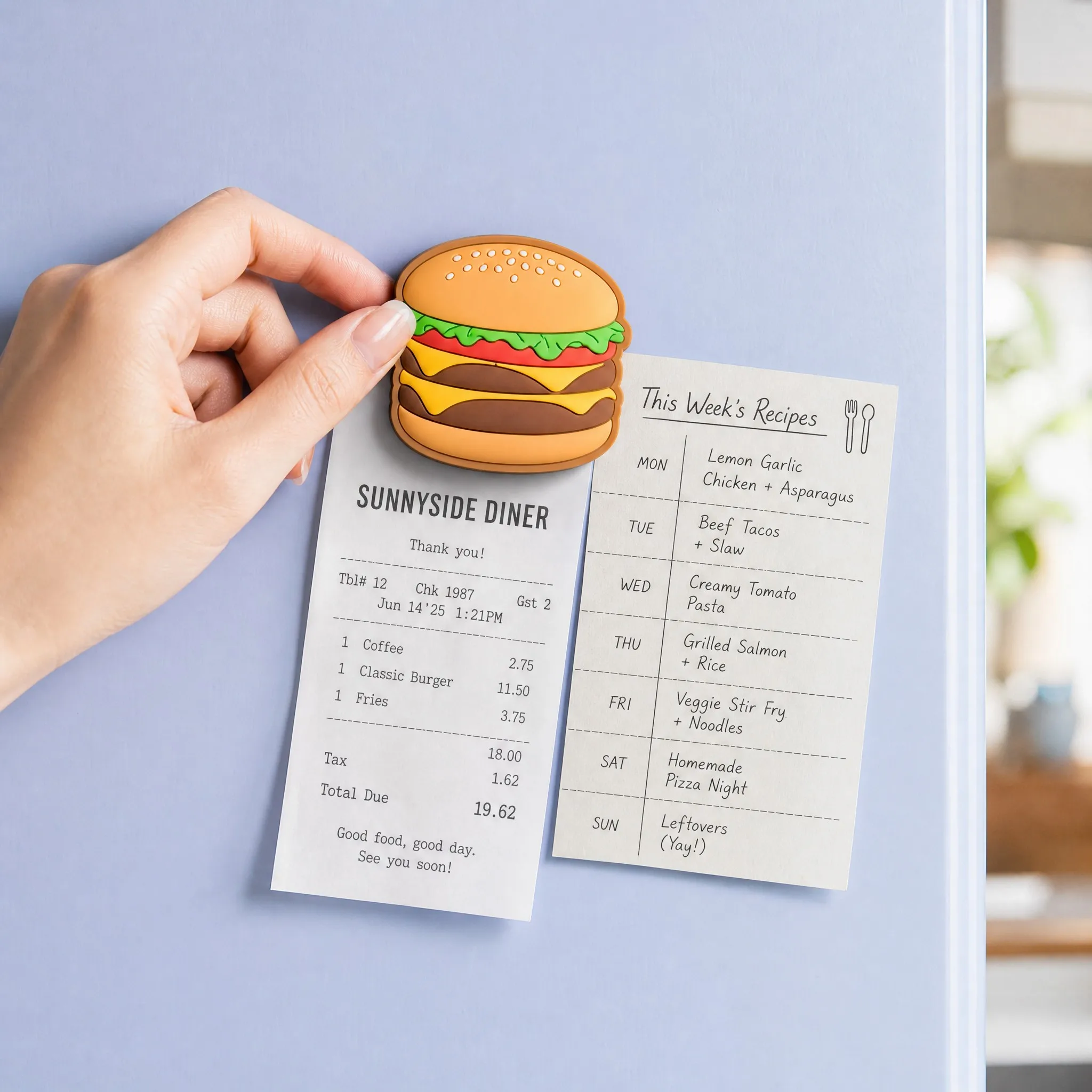Cheeseburger Magnet Holding Diner Receipt and Weekly Recipe Planner on Fridge