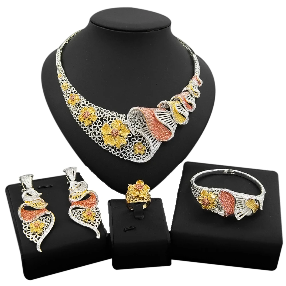

Yulaili New Flower Design Multi Color Silver Plated Necklace Set Birthday Party Bridal Anniversary Wearing For Women Jewelry Set