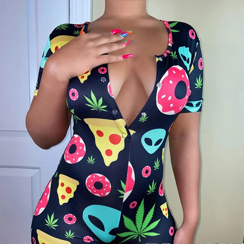 

Hot Selling Fat Lady Pajamas One sie Sleepwear Casual Homewear Print Rompers Button Women Plus Size Adult One sie Pajamas 2XL