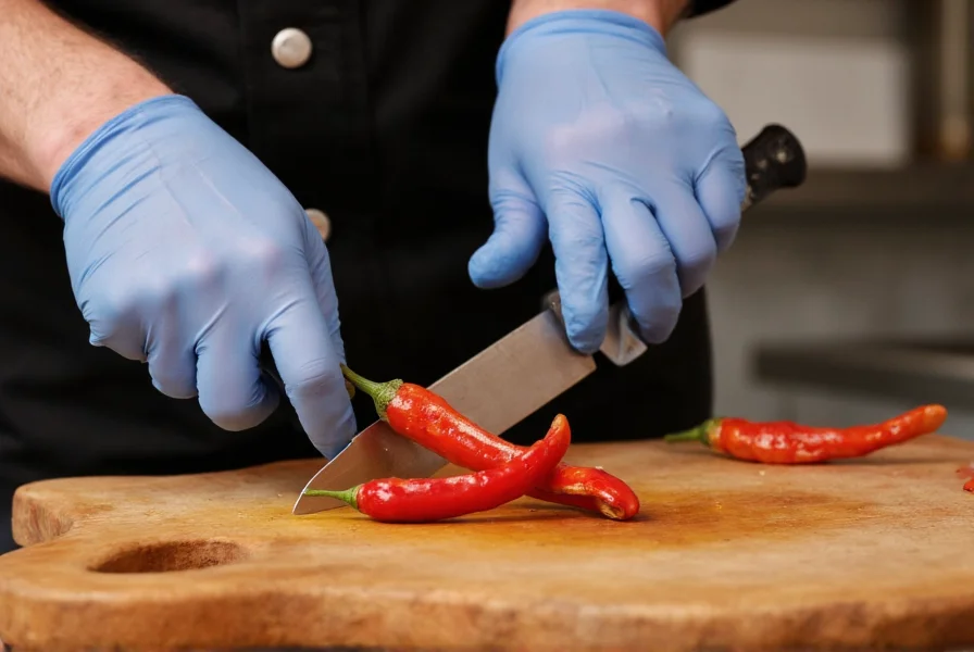 Chef wearing gloves carefully preparing Apocalypse Scorpion Pepper with knife on cutting board, showing proper handling techniques