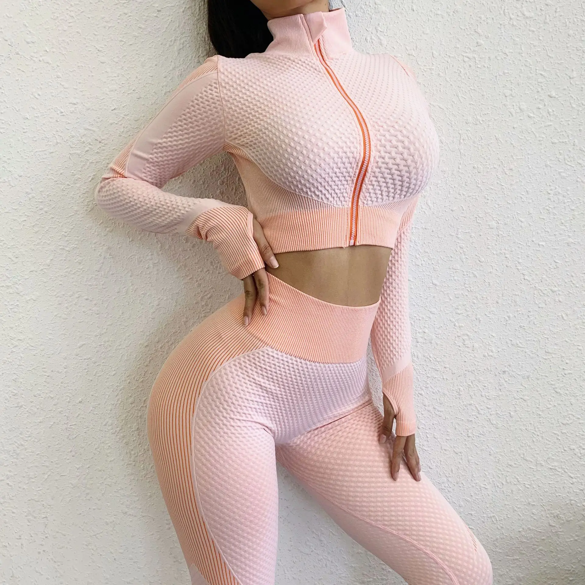 New Design High Neck Seamless Zipper Running Long Sleeve Yoga Pants Leggings For Women Workout Set