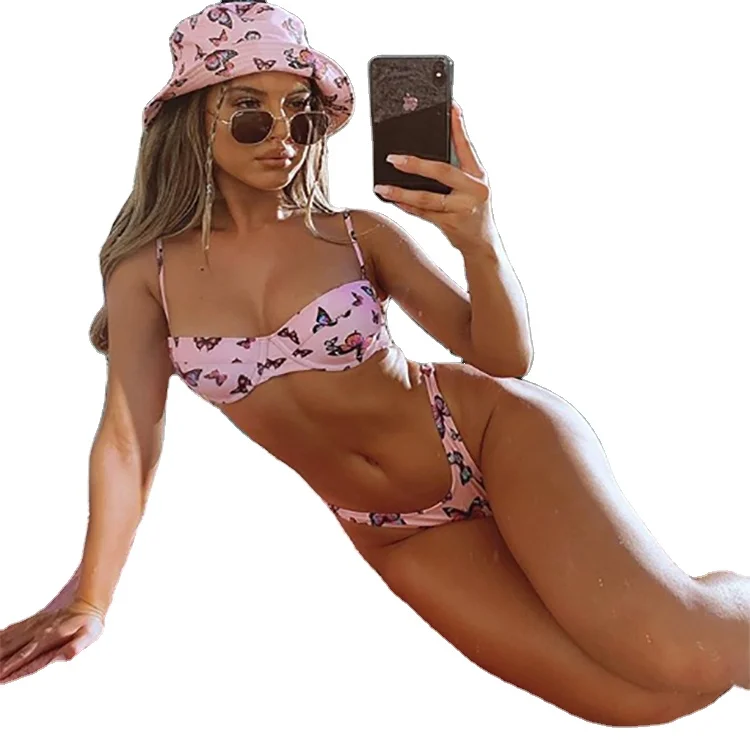 

New Style xxxx Girl Sexy Mini Bikini Pink Color Swimwear Butterfly Print European And American Bikini Woman Swimwear, Picture