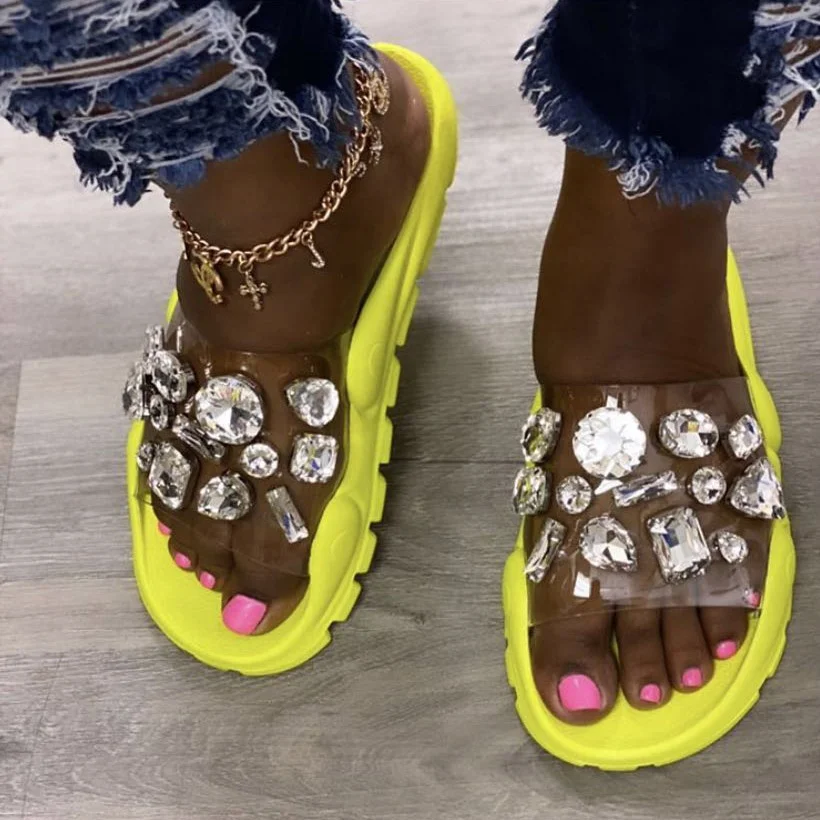 

Crystal PVC Slippers Flats Female Outside Flip Flops Shoes for Women Rhinestone Open Square Toe Women's Shoes, Yellow orange pink