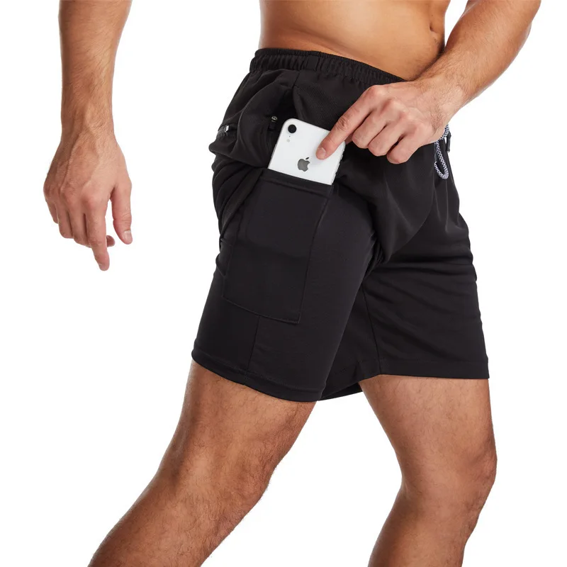 

Wholesale Sport Men Quick Drying Gym Fitness Jogging Shorts with pocket New Double Layer Zipper Short