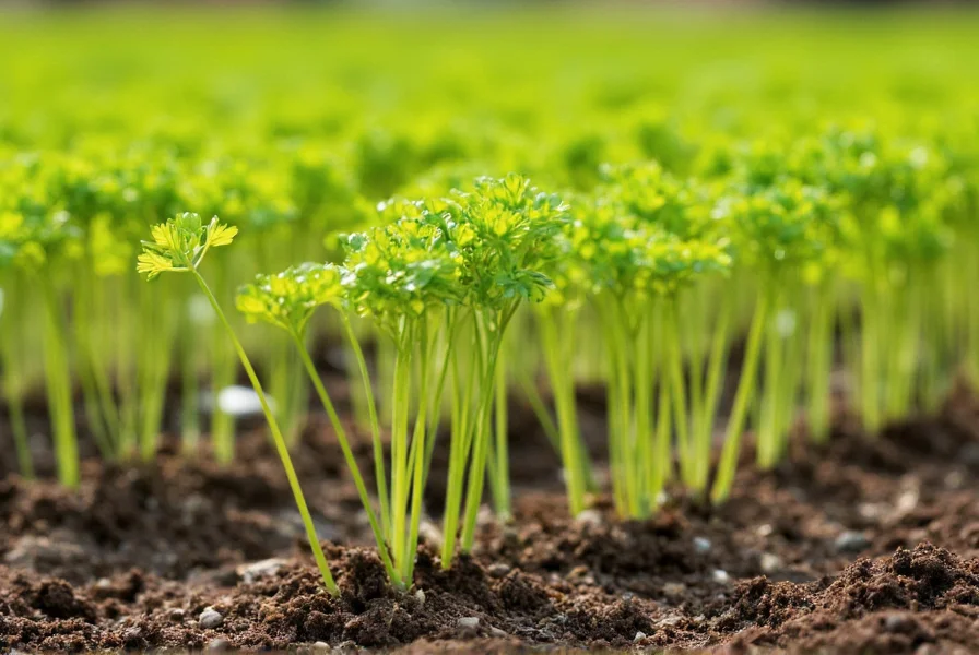 Coriander seedlings growing in garden soil with proper spacing and sunlight