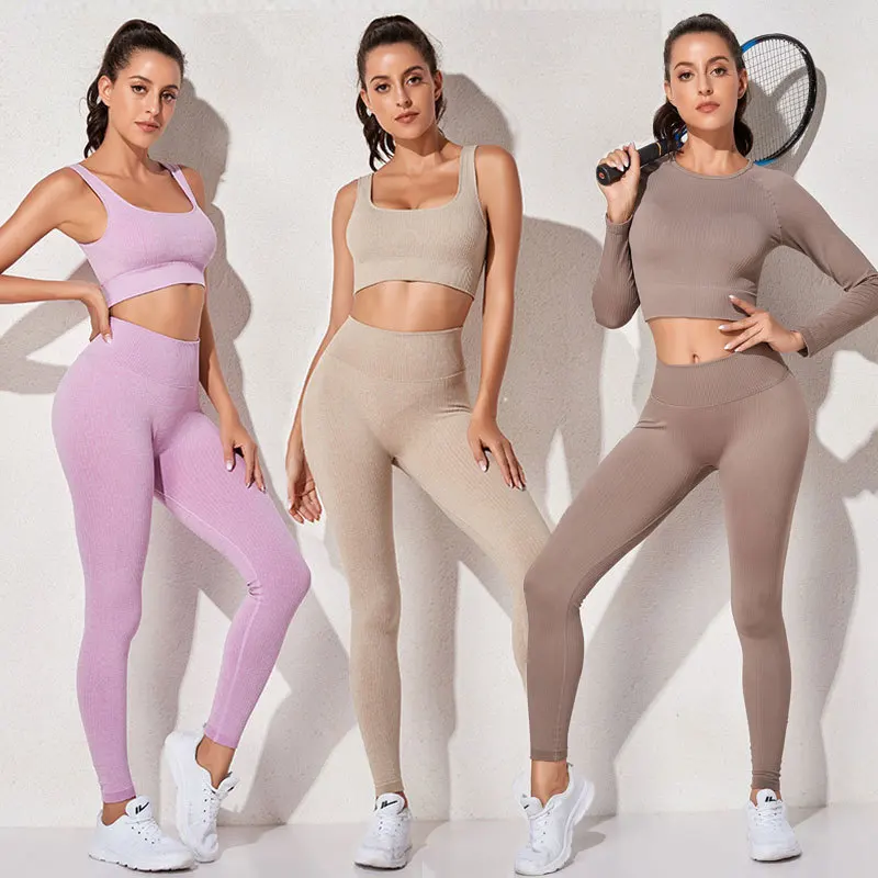 

Women's Sportswear Yoga Set Workout Clothes Athletic Wear Sports Gym Legging Seamless Fitness Bra Crop Top Long Sleeve Yoga Suit