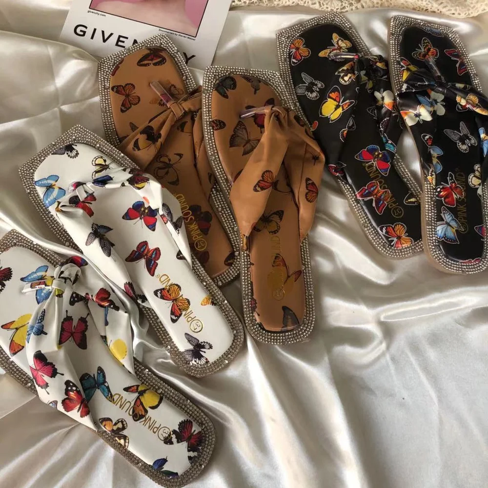 

PU butterfly printed sandals Flip-Flops luxury diamond 9305, Black,brown,brown,pink,blue