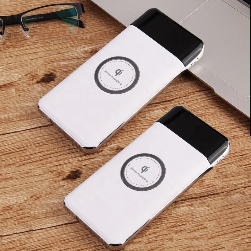 

New arrival 10000mah Qi standard fast charging slim portable mobile phone powerbank wireless charger with lcd display, Black,white,grey,blue