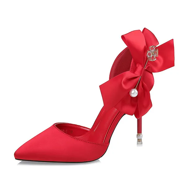 

Pointed satin high heel bow pearl sandals stiletto high heel wedding shoes cloth