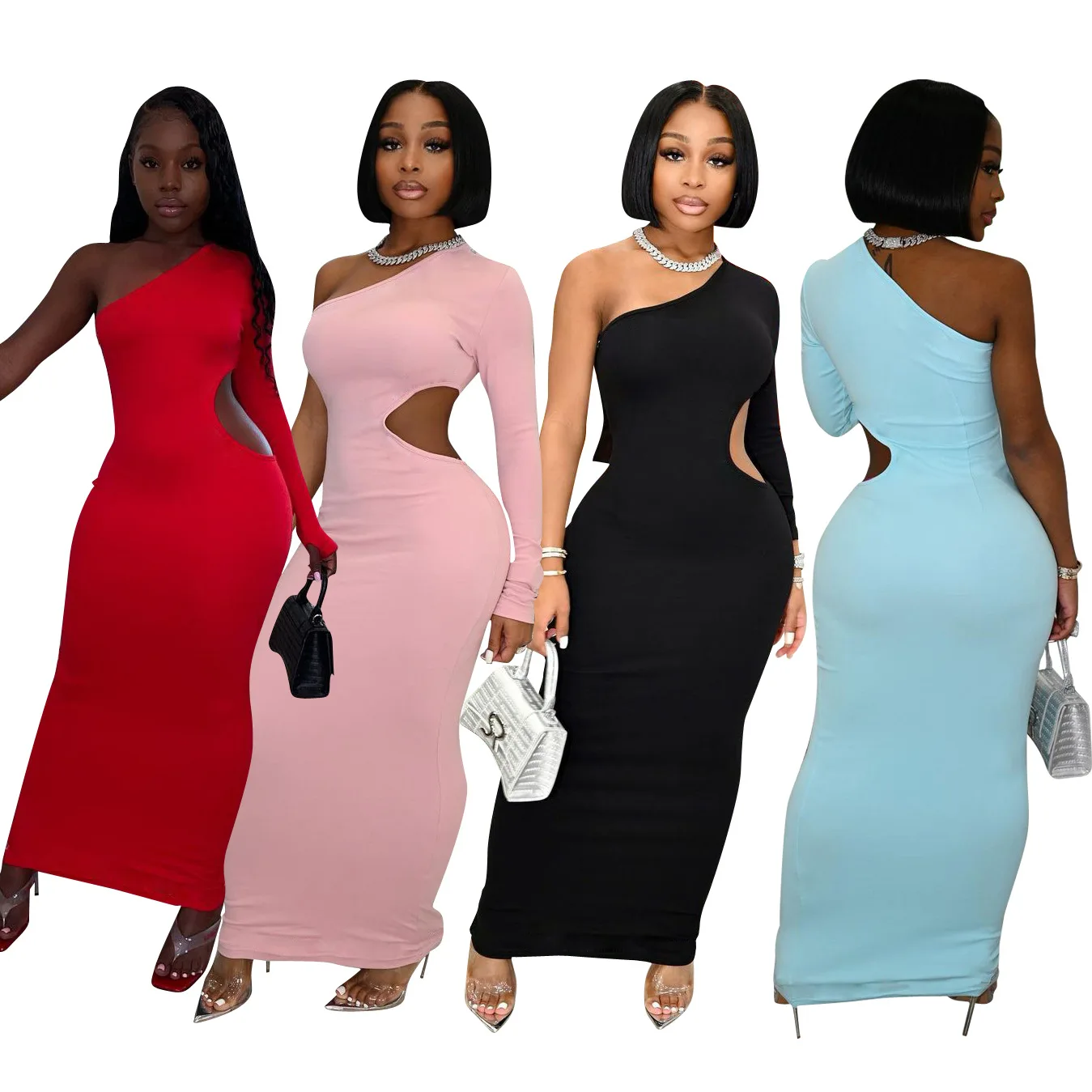 

2021 New Arrivals Skinny One Shoulder Long Sleeve Stylish Casual Long Maxi Dress Women Hollow Out Sexy Party Dresses