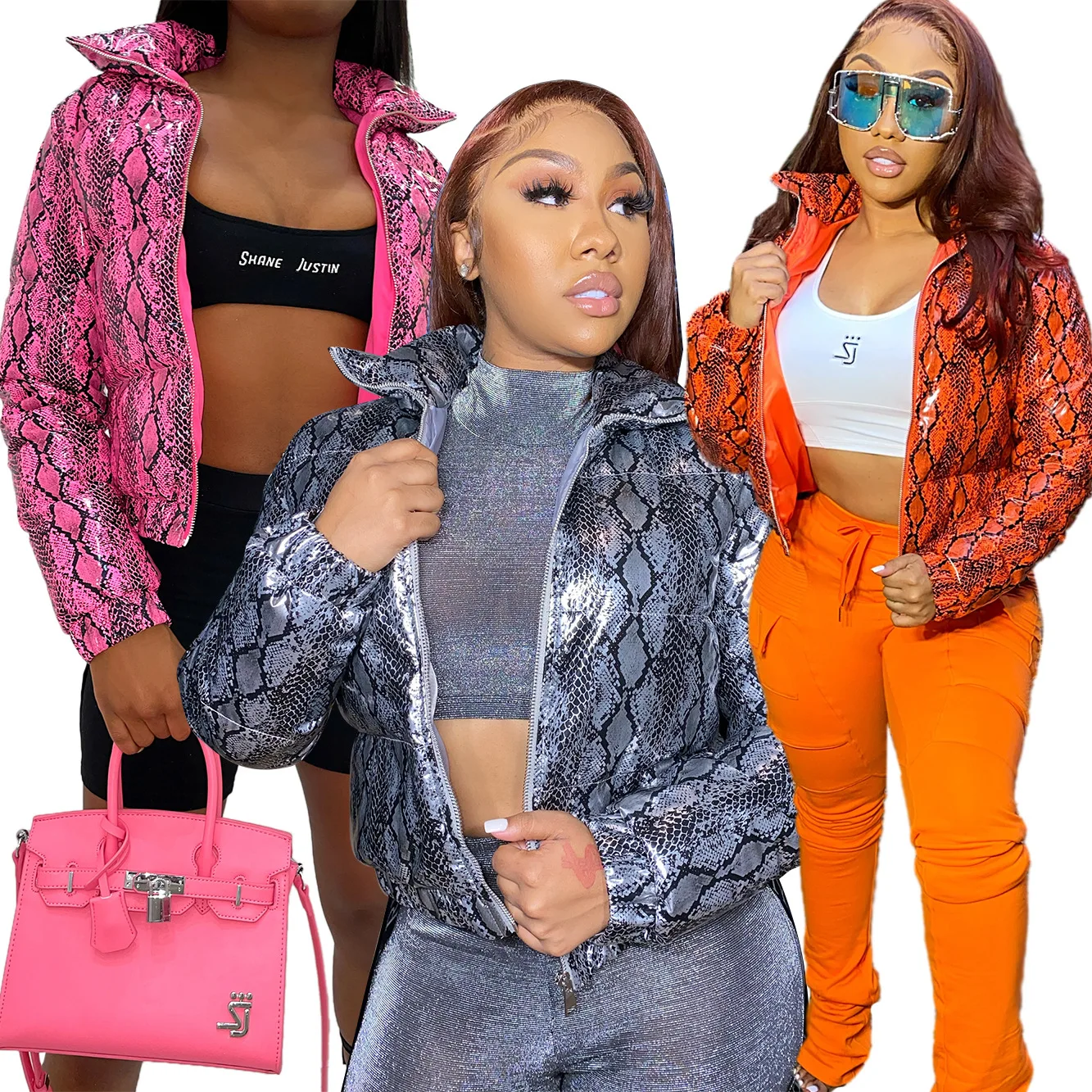 

Winter Thick Bubble Coats Women's PU Puffer Leather Bomber Faux Fur Jacket Snake Skin Down Plus Size Jackets Coats For Ladies