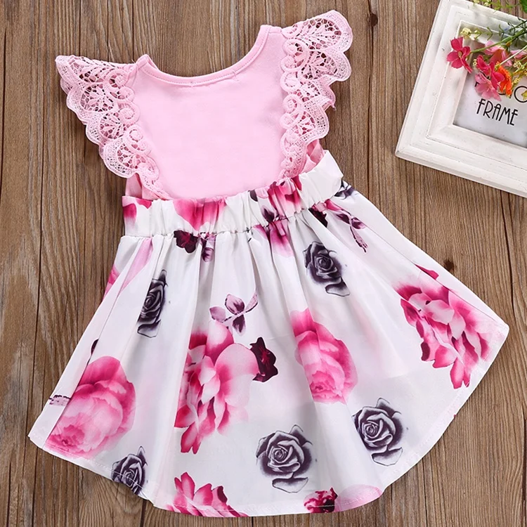 

Pink lace fly sleeves kids beautiful model baby summer dress girls casual