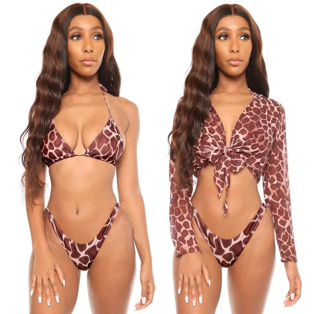 

Sexy Mini Ladies Bikini Printing Women Chiffon Swimsuit Three Piece Halter Bikini Low Waist Bathing Suit Lady Swimwear