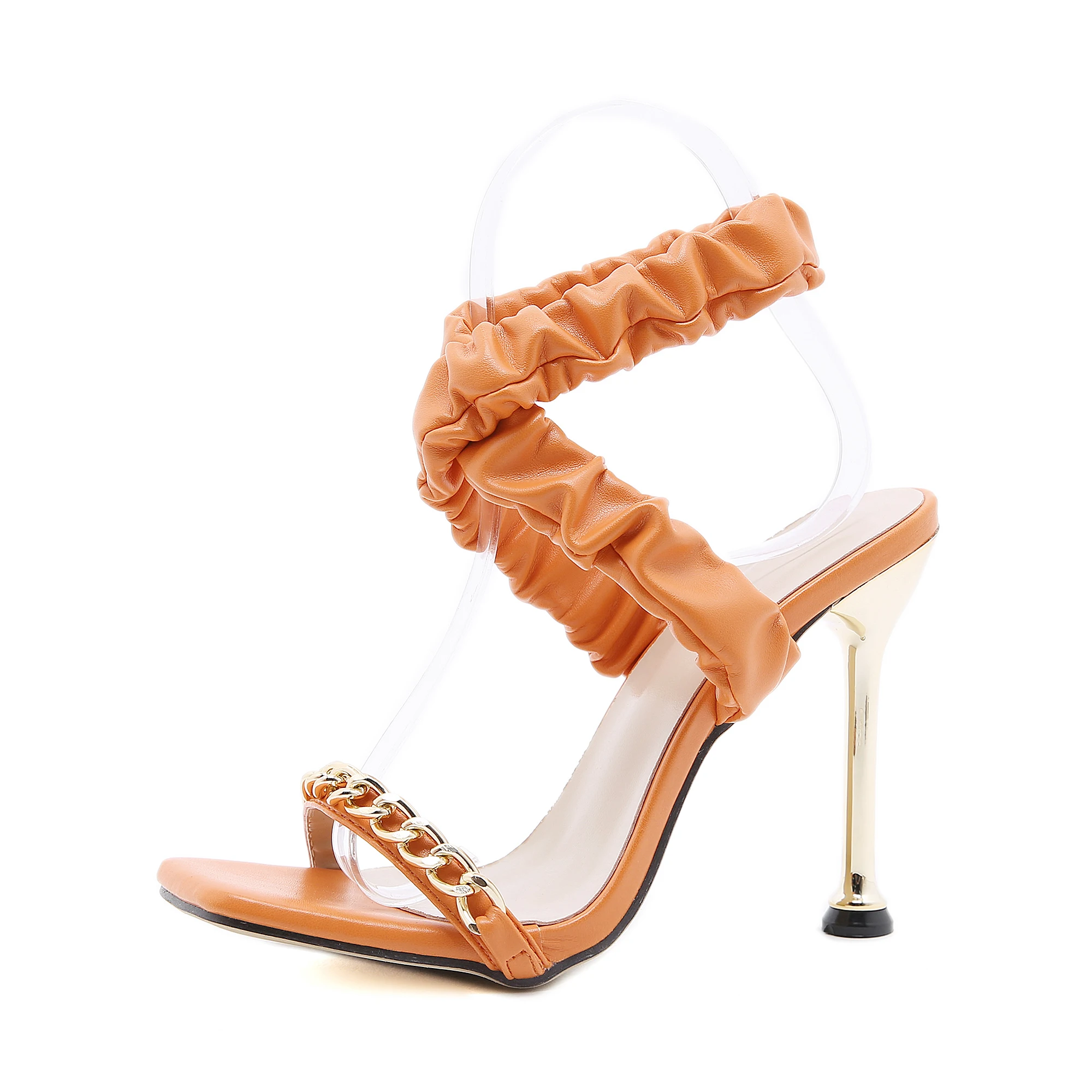 

Cross Strap Trendy Wrinkle Square Toe Mules Metal Slippers Women High Kitten Trending Heels 2021, White, black, pink, orange