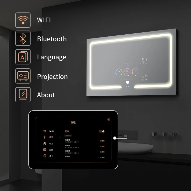

High quality waterproof bathroom music player touch screen mirror wifi smart washroom mirrors