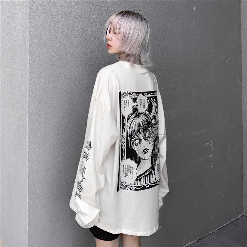 

NiceMix Cartoon Horror Graphic T-shirt Women Character Print Loose Punk Japanese T Shirts Pullover Top Harajuku Street Tees