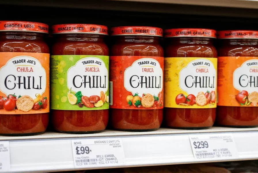 Trader Joe's chili varieties arranged on grocery shelf with labels visible