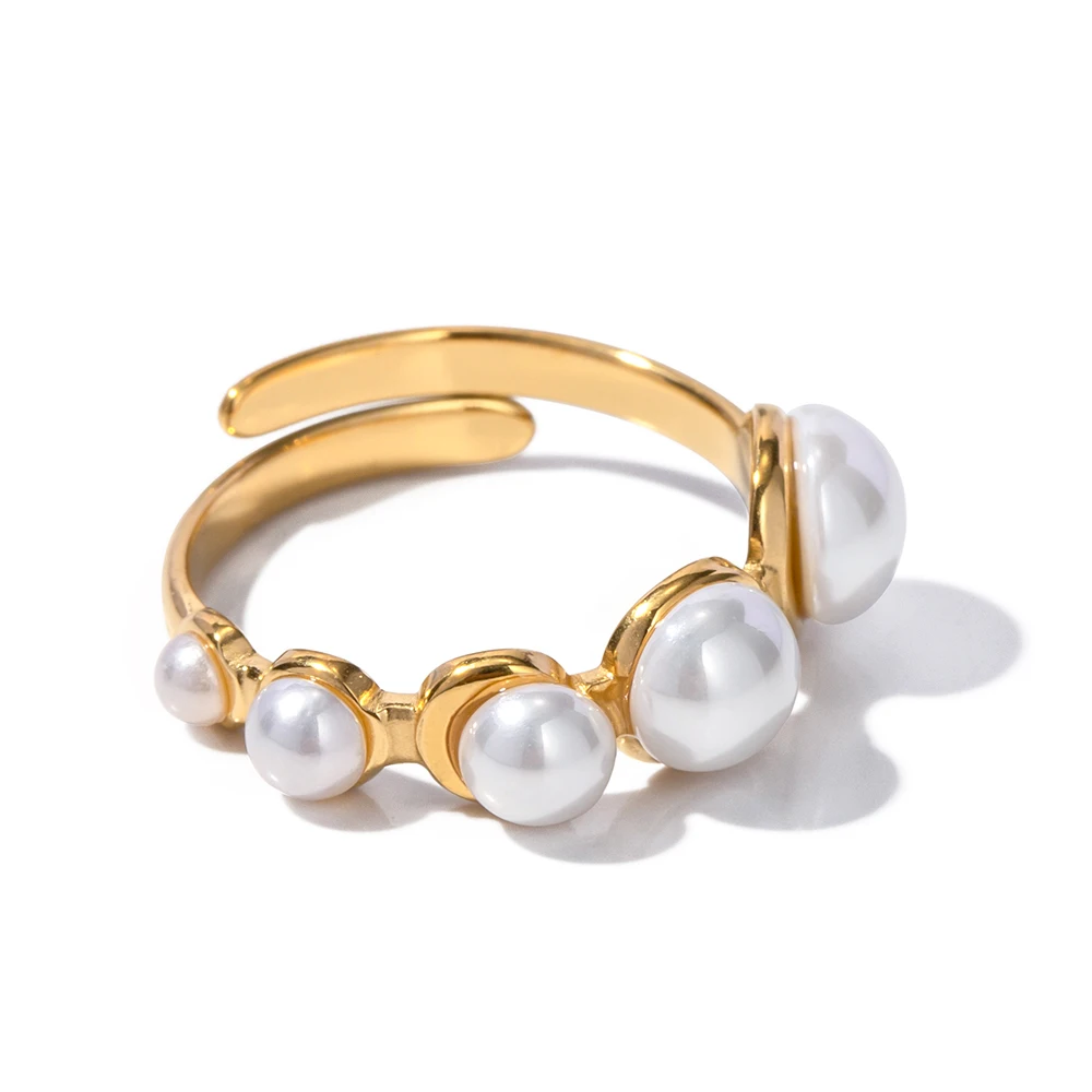 

New Trendy 18K Gold Plated Stainless Steel Jewelry Opening Five Imitation Pearl Rings for Women