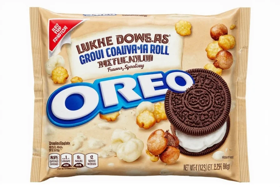 Side-by-side comparison of cinnamon roll oreos next to an actual cinnamon roll pastry showing similar color tones and swirl patterns