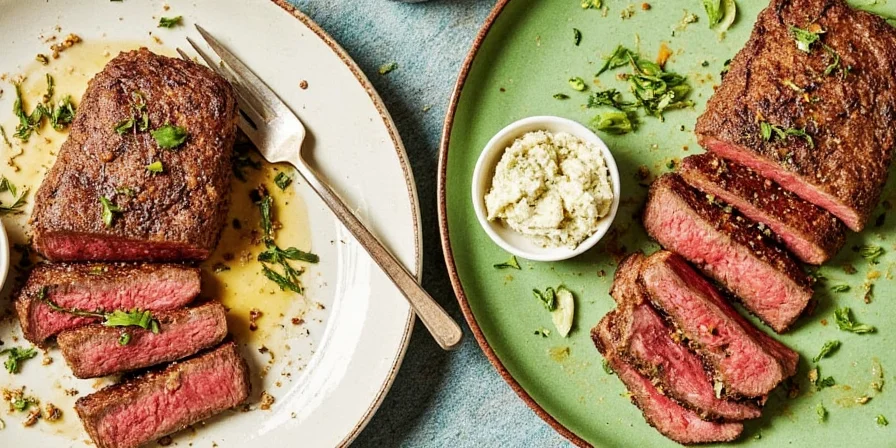 Sizzling steak topped with herbed butter
