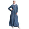 EGMS187 Muslim long denim skirt embroidery fashionable new designed ladies blue long sleeve coat dress islamic abaya