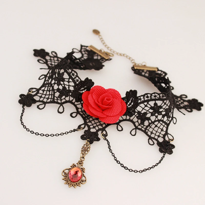 

Vintage Strap Black Lace Macrame Choker Necklace Red Stone Pendant Accessories Cheap Women Delicate Jewelry Necklace for Party