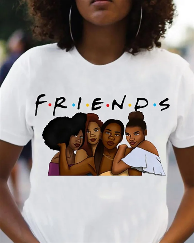 

2020 new women's t-shirt fashion friends black girl character print short sleeve, Solid color